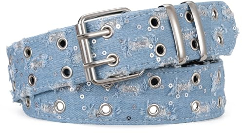 WERFORU Double Grommet PU Leather Double Hole Eyelet Belt for Women - Punk Goth Halloween Belt for Jeans & Pants - Denim Blue