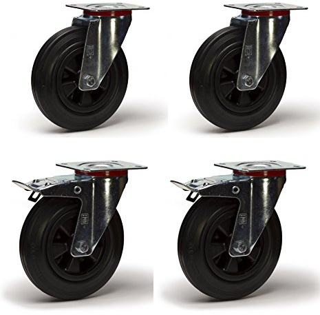 Lot de 4 roulettes pivotantes et pivotantes à frein caoutchouc noir 100 mm - 210 Kg