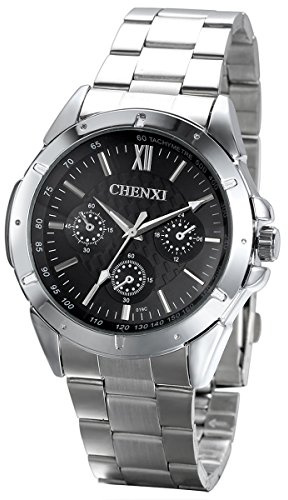 JewelryWe Herren Armbanduhr, Business Casual Analog Quarz Uhr mit Edelstahl Armband, Schwarz Zifferblatt Vatertagsgeschenk