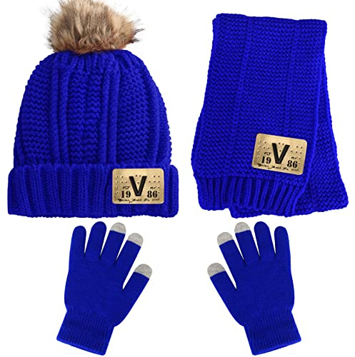 Runloon Kids Knit Hat/Scarf/Gloves Set,Winter Warm Set with Beanie and Long Scarf, Dark Blue, Medium
