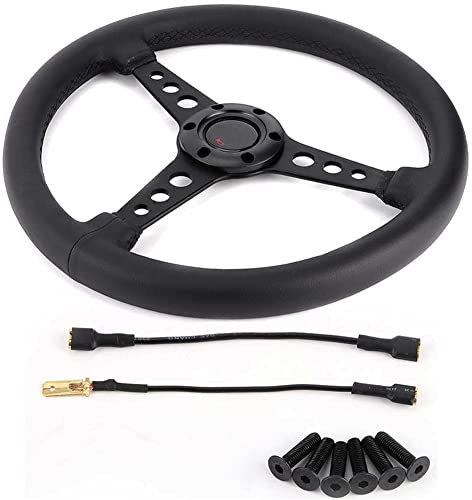 Volante de coche,Volante deportivo de 350mm/14pulgadas con/bocina Volante de aluminio universal Cuero de pu Volante deportivo de coche de 6 orificios Volante para juegos de carreras Volante modificado