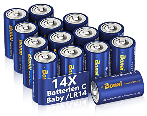 BONAI Pilas Alcalinas C Baby 1,5 V (Paquete de 14) 7000 mAh LR14 Batería Tipo C Alta Capacidad, 10 años de Vida útil