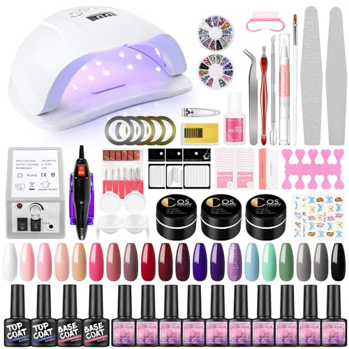 COSCELIA 20pcs kit uv ongle Complet Kit Vernis Gel Semi Permanent 80W UV/LED Lampe Poly Extension Gel 12W Ponceuse à Ongle Ponçage Accessoires Remover Pad Nail Art Débutants Kit Manucure