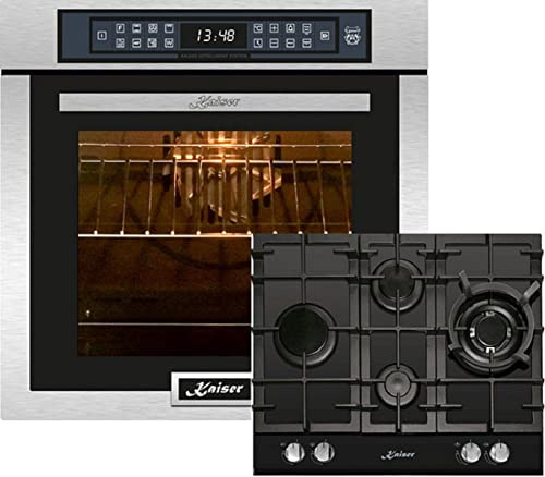 Kaiser Olan spis set EH 6306 R KCG 6394, elektrisk inbyggd ugn, rostfritt stål, 79 l 15 fkt. Grill luftfryer full touch + installation gasspis 60 cm, svart glas, inbyggd spis, 3,8 kW WOK, naturgas,