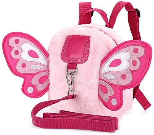 BTSKY Fluff Butterfly Baby Toddler Backpack Bag with Safety Rein - Kids Walking Harness Anti-Lost Harness Leash Strap Belt, Pink