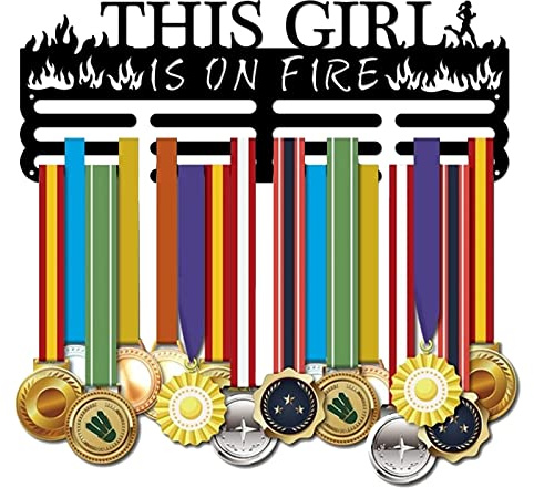 SUPERDANT This Girl is on Fire Medaljhållare löparmedaljer visa svarta järn väggmonterade krokar personlig medaljhållare för löpning medalj vägghängd present för löpning flicka kapacitet ca 10–15 kg