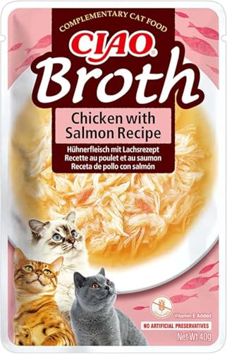 INABA Ciao Broth Katzenfutter Nass 88% Feuchtigkeit und Vitamin E, Premium Katzensuppe mit Huhn & Lachs 40 g (1er Pack), 100% natürliches Fleisch, Getreidefrei, Zuckerfrei