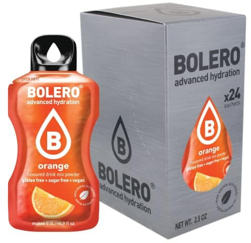 Bolero ORANGE 24x3g | Jus en poudre sans sucre, édulcoré à la stévia + vitamine C | pour enfants et sportifs | sans gluten, végétalien | saveur d'orange