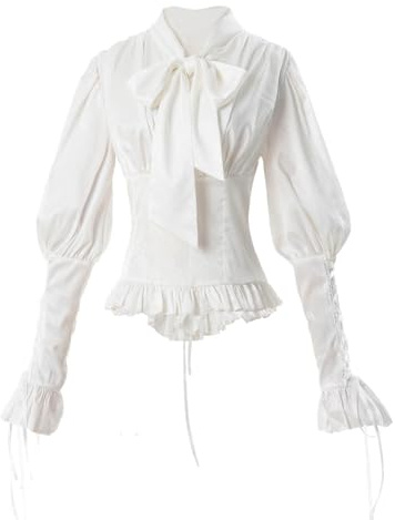 Fiamll Blusa victoriana vintage con lazo, cuello alto con volantes, blusa medieval, Blanco#4, XXXL