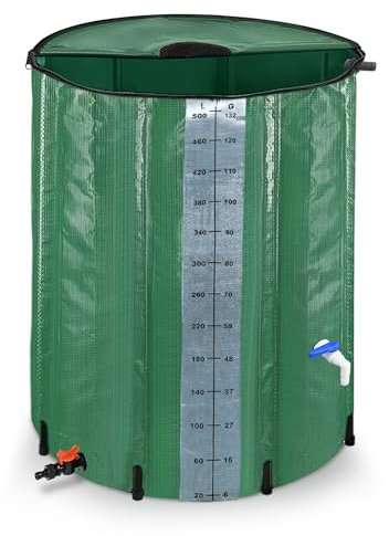 CEEDIR 500L Regentonne Faltbar Regenwassertonne Regenwasserfass Wasserspeicher Regenwassertank PVC Wassertank mit Ablassventil rostfrei und witterungsbeständig-Grün mit Messskala