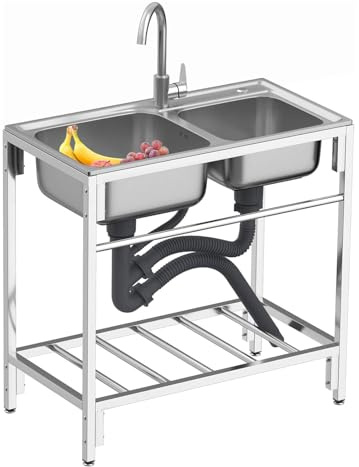 Évier double sur pied, évier de cuisine de restaurant commercial avec robinet, lavabo à 2 compartiments avec établi et étagères de rangement pour intérieur et extérieur (argent, taille: 80x43x75 cm)