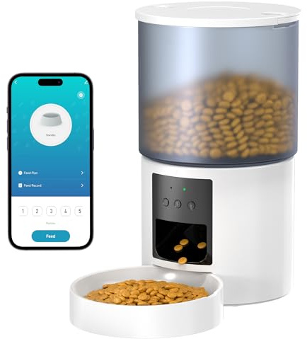 Comedero Gato Automatico WiFi Alimentador: Dispensador Comida Gatos/Perros con Grabación 10s - Máquina de Comida Inteligente para Kitty Temporizador Programable Control App 4L Blanco