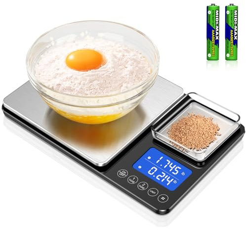 KüChenwaage Digital,Digitale KüChen mit 2 Plattformen 15kg/1g & 500g/0.01g Feinwaage mit 7/6 Einheiten,Summierungsfunktion,Auto-Off, Tara,Led Display,für KüChe Schmuck Backen Kochen, Inkl. Batterien