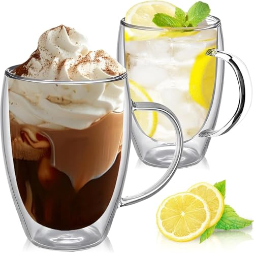 ERBO Kaffeglas med dubbla väggar 350 ml, latte macchiato-glas, 2 stycken kaffeglas med handtag, dubbelväggiga cappuccino-latte glas teglas