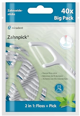 miradent Zahnpick 2-in-1® Big Pack - 40 Stück | Zahnseide Stick | mit Minz-Geschmack | zur Entfernung grober Speisereste (Griff: Zahnstocher) | zur Entfernung von Zahnbelag und feinen Speiseresten