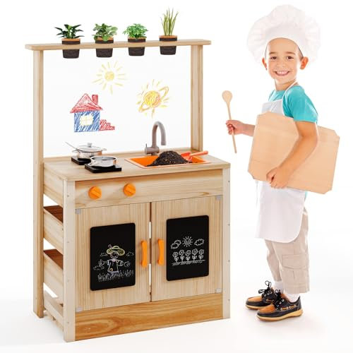 COSTWAY Cuisine Extérieure Enfant avec Tableau Noir & Panneau Acrylique, Cuisine de Boue en Bois de Sapin avec 4 Pots de Plantation & 6 Accessoires, Cuisine Boueuse pour Enfant de 3 Ans+