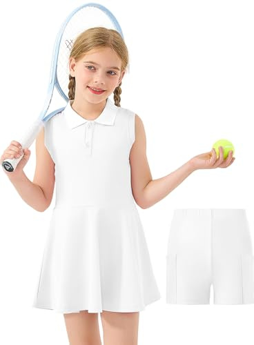 GroYolan Flicka tennisklänning ärmlös pikéklänning sportklänning med byxor och fickor tennis golfklänning för sport casual 5–15 år, Vit, 7-8 år