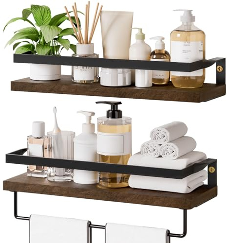 Yorbay Mensola da Parete in Legno, Set da 2 Pezzi, con Porta Asciugamani, Stile Rustico, per Cucina, Bagno, Lavanderia, Soggiorno, Marrone
