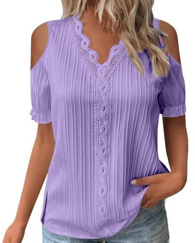 Blouse Femme Chic et Élégant Manche Courte Chemise Dentelle Tee Shirt d'été Loose Tops Chemisiers Sexy Épaules Dénudées Blouses Couleur Unie Chemisier Col V T-Shirt