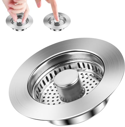 Yooyan Tappo di scarico pop-up in acciaio inox 3 in 1 con colino, filtro di scarico per lavello da cucina e tappo per lavandino con cestello anti-intasamento, filtro per lavello foro 75 – 86 mm