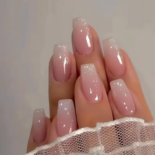 24 Pcs Medium Coffin False Nails Square - Light Pink Glitter Press On Nails - Acrylic Full Cover Artificial Fake Nail for Women and Girls - Nail Art (Light Pink Glitter)