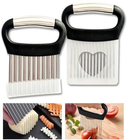 WWYSSZ 2-Teiliges Set Wellenschneider und Zwiebelhalter,Wellenmesser Edelstahl, Crinkle Cutter mit Schutzhülle, für Erwachsene und Kinder, für Pommes, Kartoffeln, Karotten, Zwiebeln, Gemüse, Fleisch