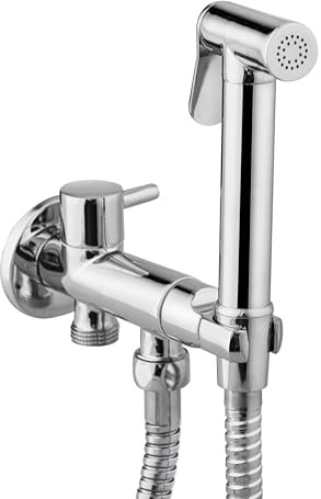 HOMSSY Grifo bidé visto Safe Stop 1 agua – Kit con teleducha, soporte y flexo 120 cm, conexión a la toma de la cisterna, doble salida (cisterna + bidé), cuerpo de latón cromado