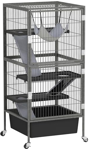 PawHut Kleintierkäfig 4-stöckiger Nagerkäfig mit herausnehmbarem Tablett Frettchenkäfig mit Rampen Hängematte Rollen Plattformen Käfig für Frettchen Chinchillas Eichhörnchen 52 x 52 x 115 cm Grau