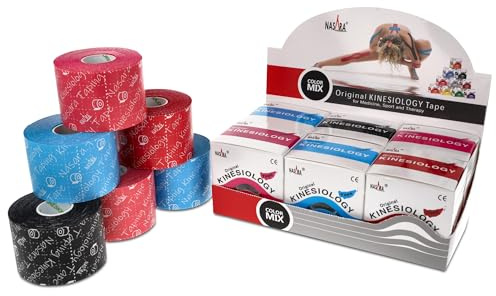 Nasara Original Nastro kinesiologico: Confezione da 6 Nastri per Sport e Medicina, Dimensioni Rotolo 5 cm x 5 m, Mix con Rosso