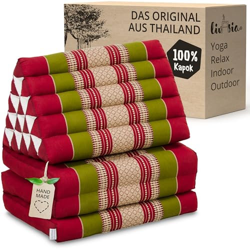 livasia Thaikissen 3 Auflagen extrahoch - 185x55x8cm - Dreieckskissen mit Klappmatratze, Kapok, Jumbo Rückenkissen faltbar, Thaimatte Klappen, handgefertigt, Meditationskissen (Rot/Grün)