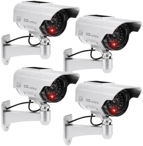 JUSTOP 4 Pack Dummy CCTV Camera Outdoor/Indoor Waterproof With Reality LED Light Solar Or Battery Powered - Silver