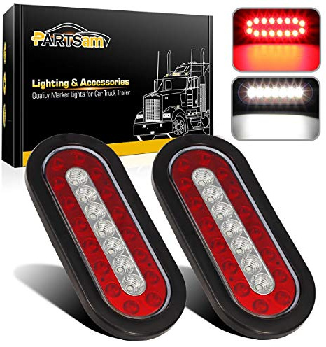 Partsam 2Pcs 6.3 inch Oval Truck Trailer Led Tail Stop Brake Lights Taillights Running Red and White Backup Reverse Lights, Sealed 6.3 inch Oval led Trailer Tail Lights w reflectors Flush Mount