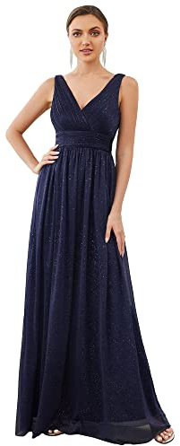 Ever-Pretty Vestito da Sera Elegante Stile Impero Scollo a V Senza Maniche Plissettato Donna Blu Navy 52