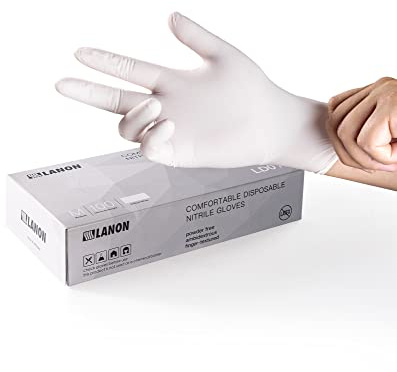 LANON 3 mil Disposable Nitrile Gloves Food Grade with Textured Fingertips, Latex and Powder Free, White, Pack of 100, Medium