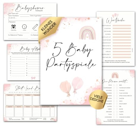 cozy racoon Babyshower Spiele Set, 6 Babyparty-Spiele für je 12 Spieler zum Ausfüllen für Jungen und Mädchen I Persönliches Geschenk für Schwangere - Design Rosa