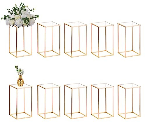 Nuptio 10 Pcs Gold Vase Metal Column Stand Road Lead Geometric Centerpiece Vase for Tables, 15¾ inch Tall Floor Vases Decorative Tall Flower Rack for Home Event Party Wedding Decorations for Reception