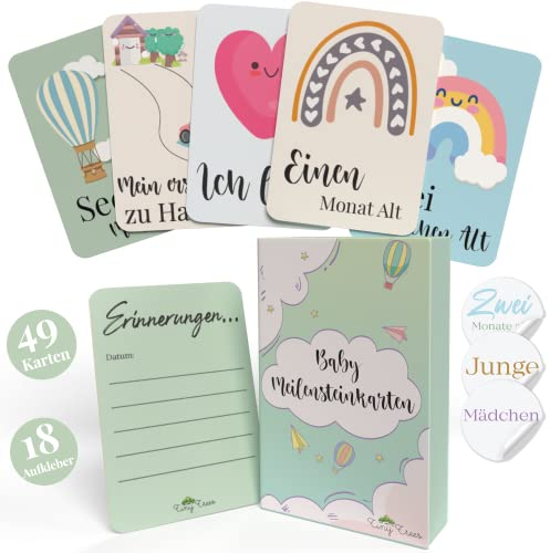 Tiny Trees® 49 Baby Meilensteinkarten & 18 Aufkleber in Geschenkbox für Jungen & Mädchen - Geschenk zur Schwangerschaft, Geburt, Babyparty - Meilensteinkarten Baby Babykarten (Deutschsprachig)
