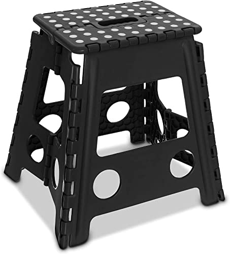 Folding Step Stool, 15 Inch Plastic Foldable Non-Slip Stepping Stool with Carrying Handle for Kitchen, Bathroom, Garden & Outdoor (Black)