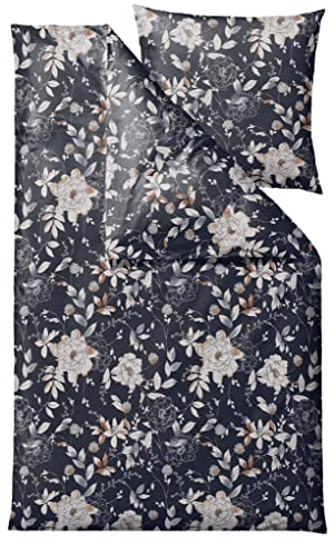 Södahl Organic Garden Bloom Bio-Bettwäsche 135x200 cm aus 100% Bio-Baumwolle, Set mit 1 Bettbezug 135 x 200 cm und 1 Kissenbezug 80 x 80 cm, Blumen-Motiv, Satin-Gewebe, Indigo (Blau)