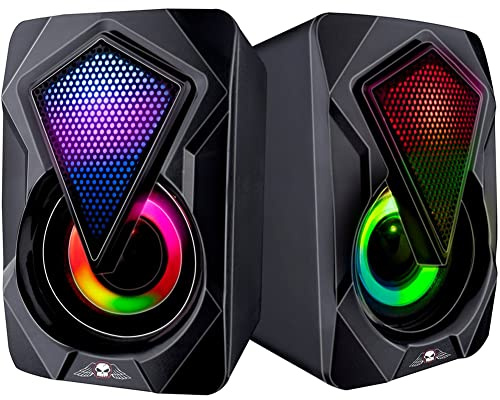 BAKAJI Set 2 Casse Speacker da Gaming per Pc con Luce LED RGB, Connessione USB 2.0, Connettività Bluetooth/Aux, Jack 3.5 mm, Coppia di Altoparlanti da Gioco, Suono Immersivo, Cavo 1,5 Metri, 12 W