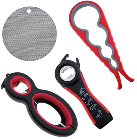 4 Pcs Multi-Function Grip Assist Tool - 5-in-1 Bottle & Jar Opener for Arthritic Hands, Non-Slip Rubber Twist Lid Remover with Coaster Base (Kitchen & Home Use)
