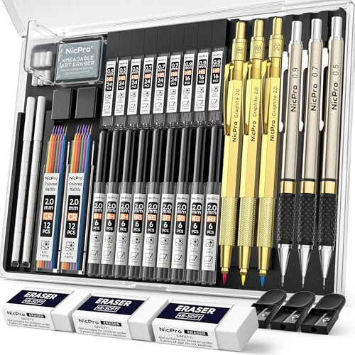 Nicpro 35 porte mine artistiques en métal de 0,5 et 0,7 et 0,9 mm et 3 porte-mines de 2 mm avec 20 boîtes de mines de rechange (couleurs 6B, 4B, 2B HB, 2H, 4H) pour croquis et dessin (doré)