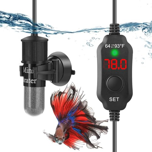 FUMAK Super Mini Aquarium Heater 10W Betta Heater for 1-2 Gallon Tanks, Small Fish Tank Heater Turtle Heater with Dry-Run/Overheat Protection, Memory Function
