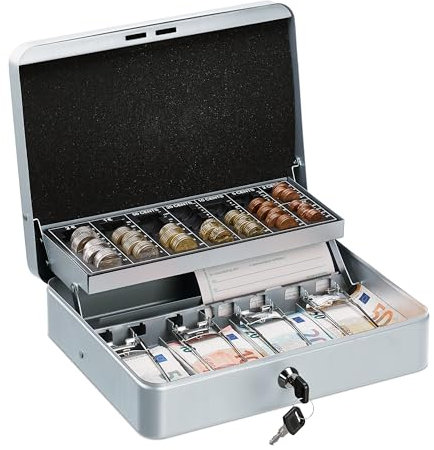 Relaxdays Geldkassette abschließbar, Münzzählbrett & 4 Scheinfächer, Geldkasse Eisen, HBT: 8,5 x 30,5 x 24,5 cm, Silber