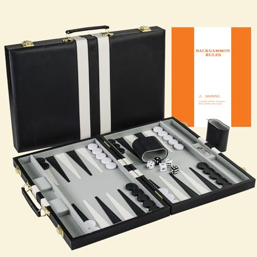 Sun Flair Backgammon Set - 17.5 Inch Backgammon Sets for Adults, Classic Travel Backgammon Board Game with Premium Leather Case, Best Strategy and Tip Guide Enclosed (Black, Large)