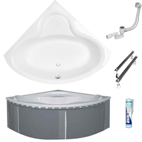 ECOLAM Baignoire d'angle acrylique Bala 130x130cm | support polystyrène 1.083 | pieds siphon silicone | Belle forme | Aspect moderne | Acrylique blanc