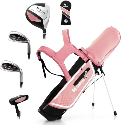 GYMAX Juego Completo De Palos De Golf para Niños Diestros De 8 A 10 Años, Incluye Fairway De Madera N.° 1 con Cubierta para La Cabeza, Hierros N.° 7 Y N.° S, Putter Y Bolso con Capucha (Rosa)