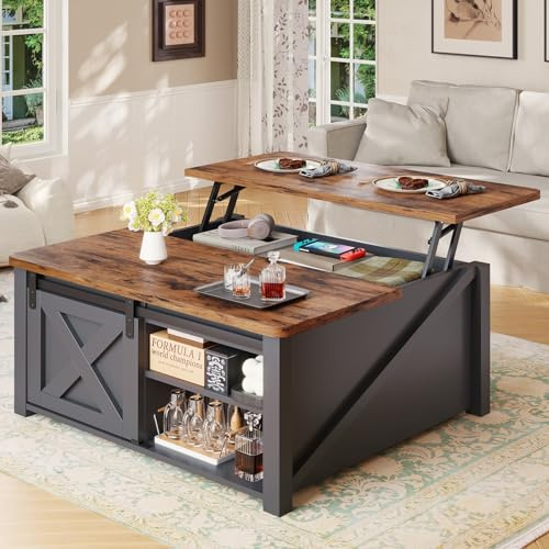 SEDETA 31.5 Lift Top Coffee Table with Storage, Square Coffee Tables for Living Room, Farmhouse Coffee Table with Large Hidden Storage Compartment and Adjustable Shelves, Black