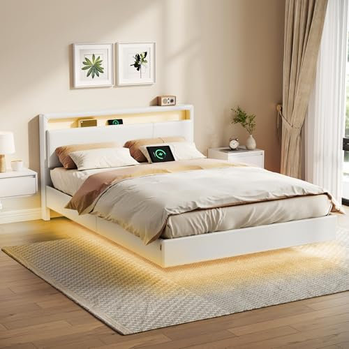 VASAGLE Lit Double 140 x 190 cm, Cadre Flottant avec Éclairage LED, Tête Haute, Multiprise, Style Moderne, Blanc Nuage RMB863W01