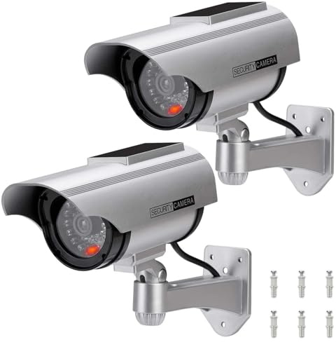 E-HORDE Kamera Attrappe mit Blinkendem LED, Solar Betriebene Simulierte Dummy Surveillance Sicherheit Kamera,Wasserdicht CCTV Dummy Überwachungskamera für den Innen-und Außenbereich (Silber-2)